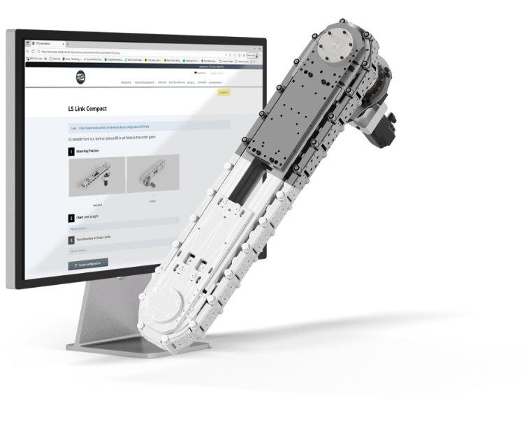 CAD-Konfigurator auf einem Monitor mit digitalem Modell des LS Link Compact Lineartaktsystems.