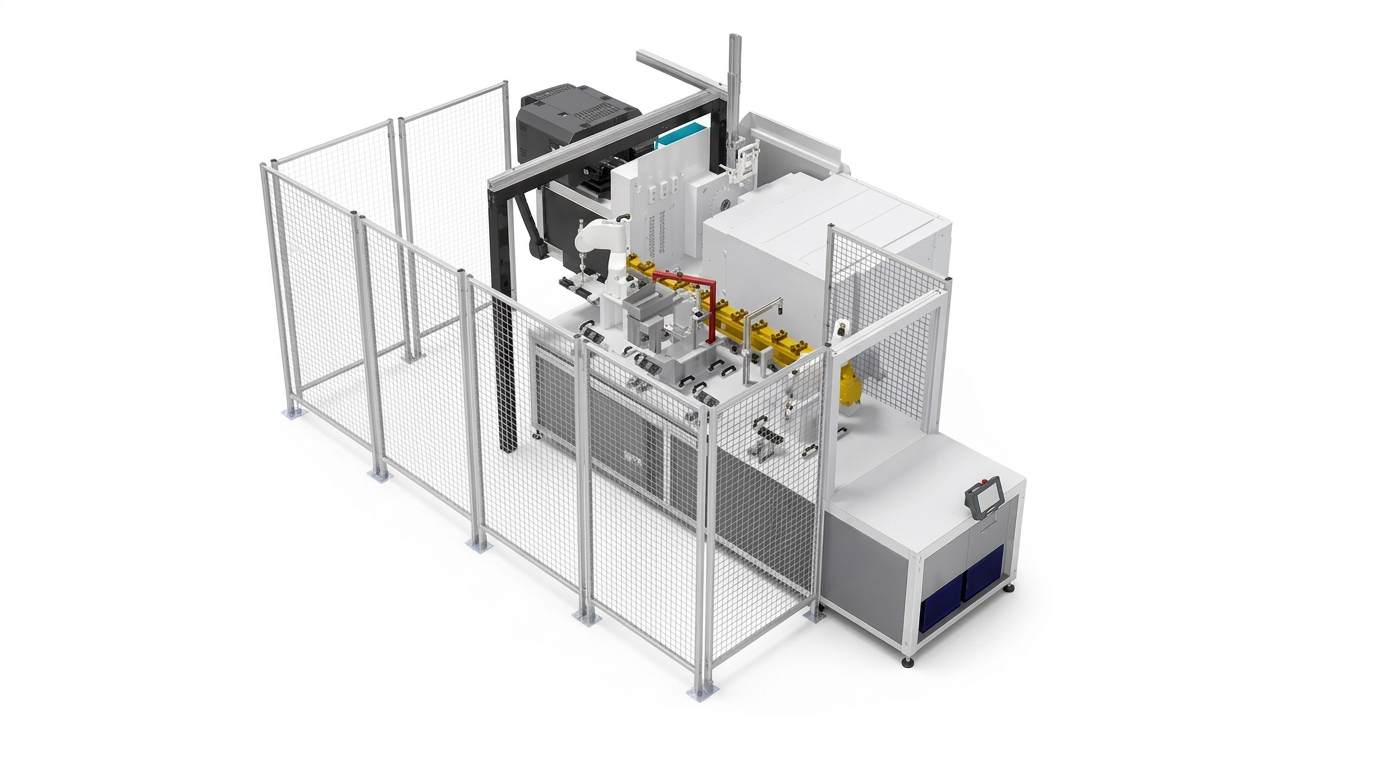 Kompakte automatisierte Spritzguss-Montageanlage mit Schutzumhausung, Bearbeitungsstationen und LS Link Compact.