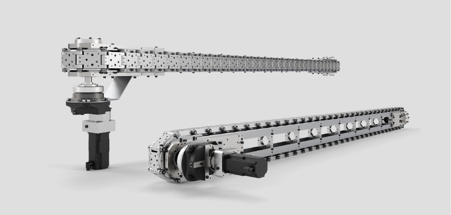 Technische Ansicht des LS Link Compact mit Servomotor und Präzisionsantrieb unter der Transportstrecke.